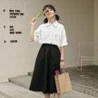Short-sleeve Cat Print T-shirt / Midi A-line Skirt / Set