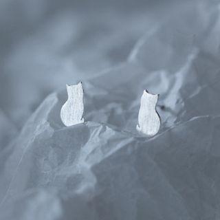 Sterling Silver Cat Stud Earring 1 Pair - S925 Silver - White - One Size