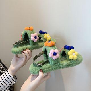 Flower Applique Furry Slingback Sandals