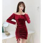 Off-shoulder Ruffled Velvet Drawstring Mini Sheath Dress