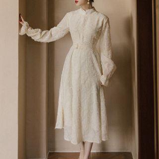 Long-sleeve Textured Midi A-line Qipao Dress