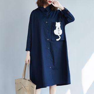 Long-sleeve Cat Print Midi A-line Shirtdress Blue - One Size