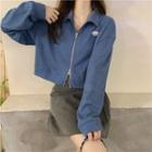 Lapel Zip-up Long-sleeve Cropped Top