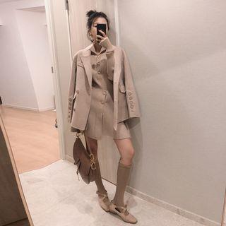 Notch Lapel Open Front Coat / Cropped Double-breasted Coat / High Waist A-line Skirt