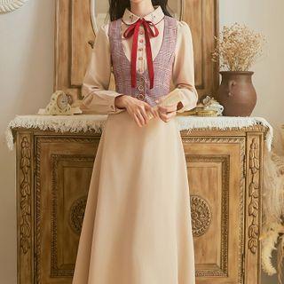 Set: Long-sleeve Ribbon Midi Dress + Plaid Vest