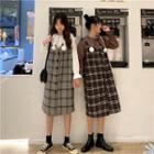 Pom Pom Accent Shirt / Sleeveless Plaid Midi Dress