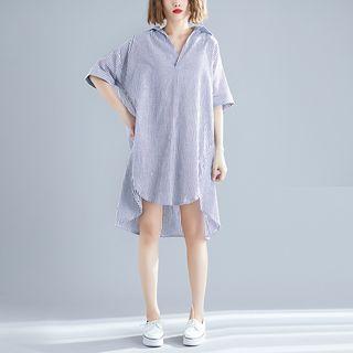 Elbow-sleeve Striped Placket Shirt Dress