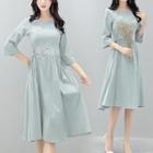 3/4-sleeve Floral Embroidered A-line Dress