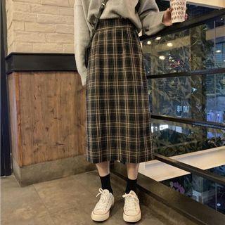 Plaid Midi Pencil Skirt Dark Brown - One Size