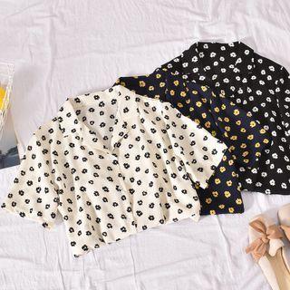 Elbow-sleeve Open-collar Floral Print Crop Shirt