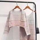 Set: Striped Open Front Cropped Cardigan + Spaghetti Strap Knit Dress Cardigan - Pink - One Size / Dress - Pink - One Size