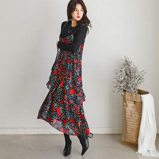 Spaghetti-strap Flounced Floral Chiffon Long Dress