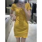 Short-sleeve Mini Sheath Dress Dark Yellow - One Size