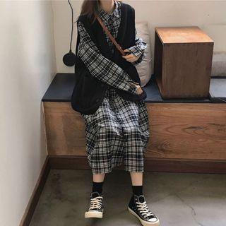 Plaid Long-sleeve Midi Shirtdress / Plain Button Vest / Set