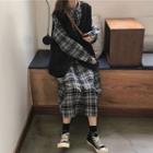 Plaid Long-sleeve Midi Shirtdress / Plain Button Vest / Set