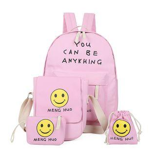 Set: Smiley Face Print Canvas Backpack + Crossbody Bag + Pouch + Drawstring Pouch