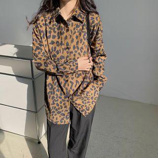 Long-sleeve Leopard Print Shirt Light Brown - One Size