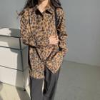 Long-sleeve Leopard Print Shirt Light Brown - One Size