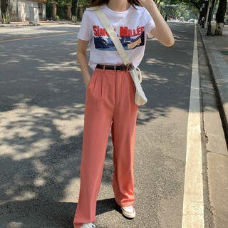 Short-sleeve Print T-shirt / Plain Wide-leg Pants