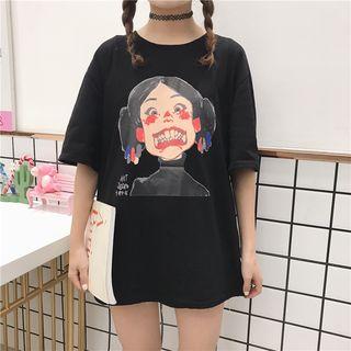 Elbow-sleeve Cartoon Printed T-shirt