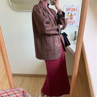 Plaid Blazer / Back-slit Midi Pencil Skirt