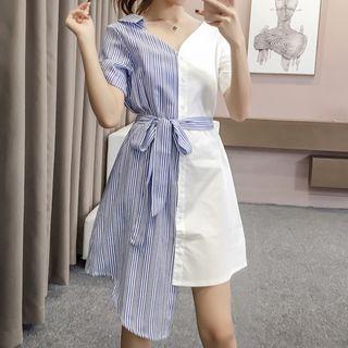 Short-sleeve Striped Panel Asymmetrical Shirtdress