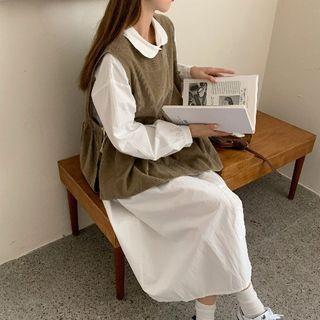 Long-sleeve Midi Shirtdress / Side-slit Vest