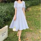 Short-sleeve Square-neck Plain Drawstring A-line Dress