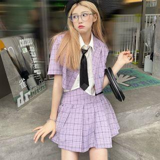 Short-sleeve Plaid Cropped Blazer / Pleated Mini Skirt / Cropped Shirt With Tie