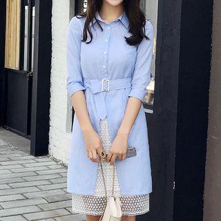 Set: Pinstriped Front Slit Shirtdress + Dotted Skirt