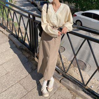 Long-sleeve V-neck Lace Trim Top / High-waist Slit Midi Skirt