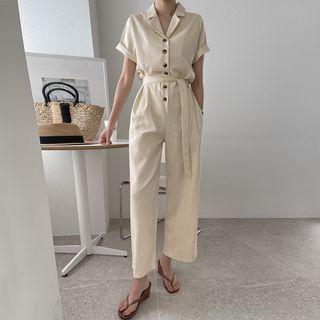 Notch-collar Shirtwaist Jumpsuit With Sash