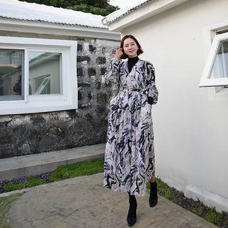 Tie-back Patterned Long Wrap Dress Black - One Size
