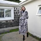 Tie-back Patterned Long Wrap Dress Black - One Size