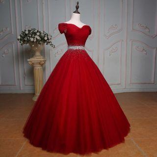 Short-sleeve Off-shoulder Mesh Panel Ball Gown
