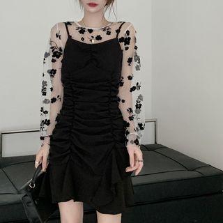 Puff-sleeve Floral Print Blouse / Drawstring Overall Dress