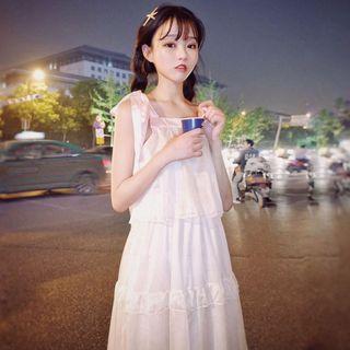 Spaghetti-strap Dress Small Medium Long Chiffon Skirt Almond - One Size