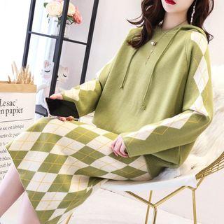 Set: Knitted Hoodie + Argyle Pattern Midi A-line Skirt
