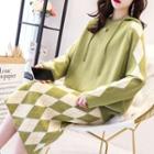 Set: Knitted Hoodie + Argyle Pattern Midi A-line Skirt