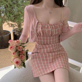 Plaid Ruched Spaghetti-strap Dress / Long-sleeve Plain Cropped Cardigan