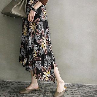 Asymmetric-hem Floral Pattern Long Skirt