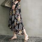 Asymmetric-hem Floral Pattern Long Skirt