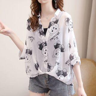 Set: 3/4-sleeve Print Shirt + Camisole