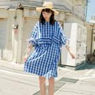 Plaid Elbow-sleeve Frill Trim Dress