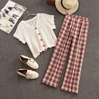 Set: Short-sleeve Knit Top + Plaid Straight Fit Pants