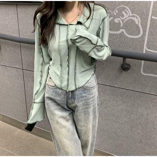 Long-sleeve Contrast Stitch Top Green - One Size