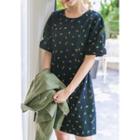 Puff-sleeve Floral Corduroy A-line Dress