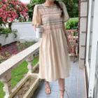 Short-sleeve Embroidered Dress Beige - One Size
