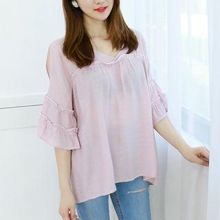 Petite Size - Frilled Slit-shoulder Blouse