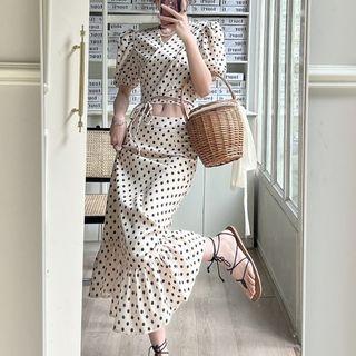 Set: Short-sleeve Dotted Wrap Crop Top + Midi Mermaid Skirt